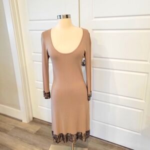 BCBGMAXAZRIA  TAN RIBBED BODYCON DRESS WITH JEWEL CUFFS AND HEM SIZE MEDIUM NWT